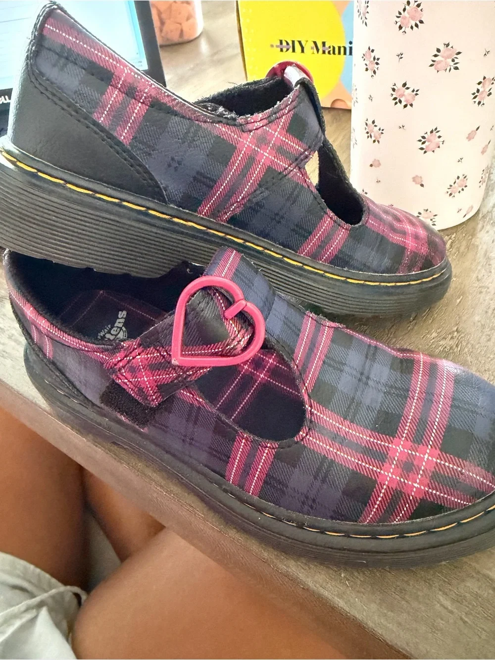 Dr. Martens Black and Pink Plaid Mary Jane Shoes with Heart Buckle